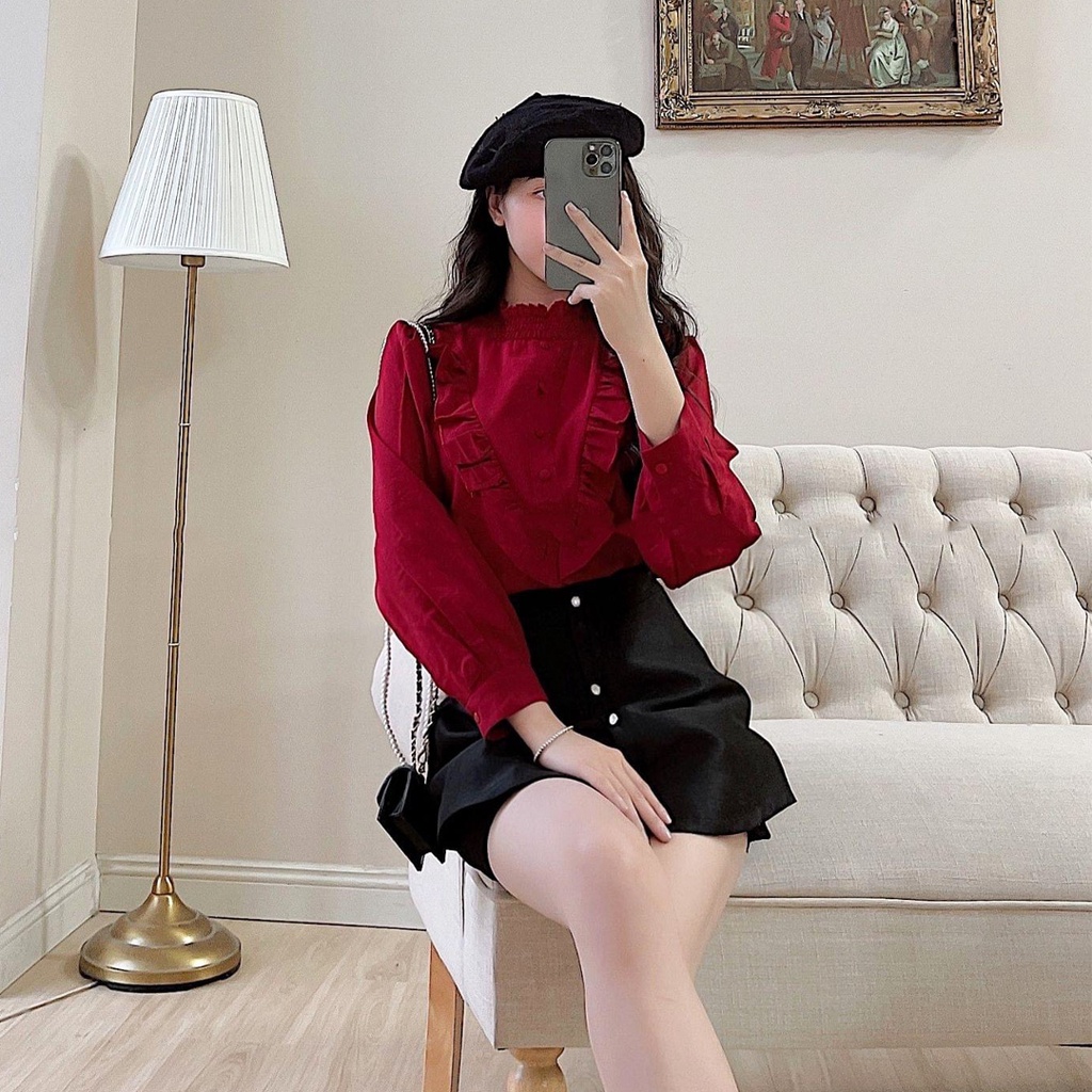 Áo sơ mi kiểu nữ Ulzzang, Áo sơ mi cổ bèo chun phối khuy cách điệu