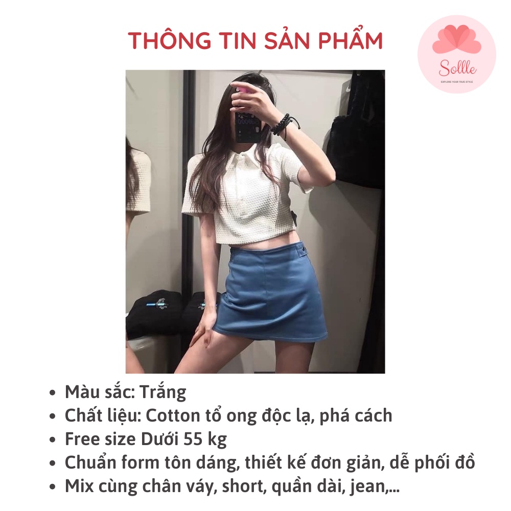 Áo croptop trắng polo chất thun tổ ong ngắn tay, áo nữ kiểu dáng ngắn cổ bẻ, phối cúc ngực Sollle
