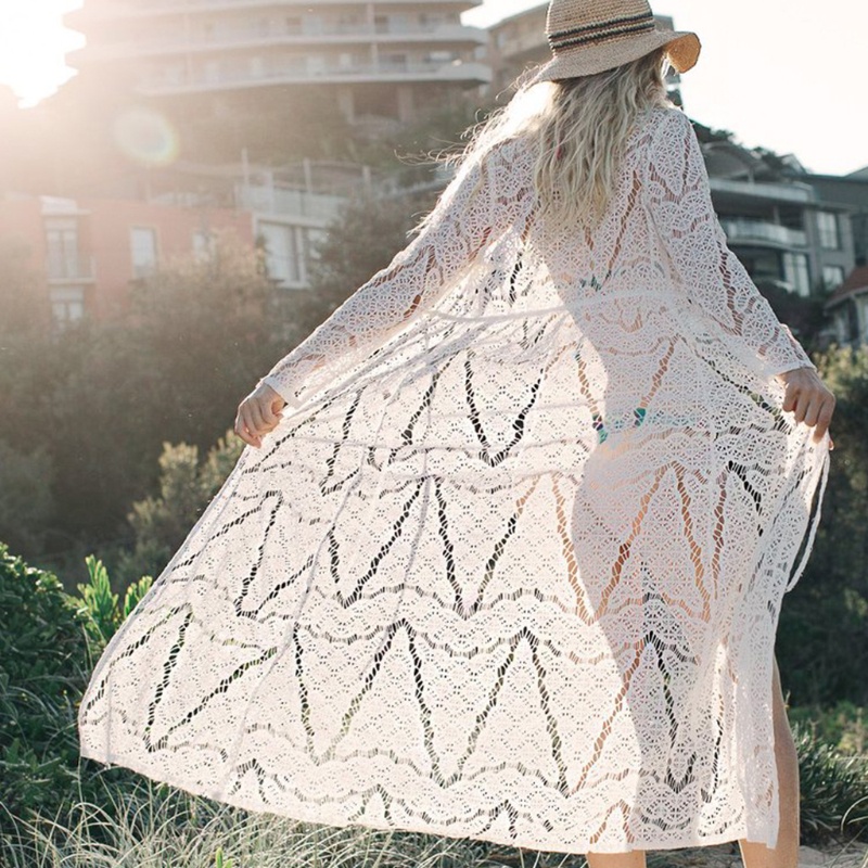 Áo Choàng Cardigan Dáng Ôm Dài Phối Ren Khoét Rỗng Thời Trang Đi Biển Cho Nữ