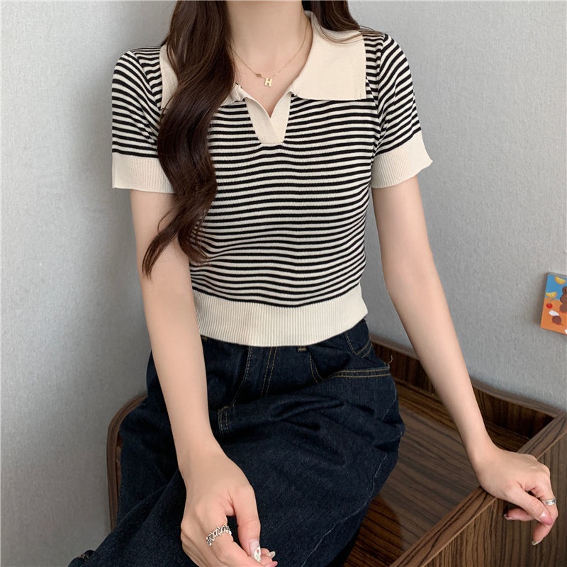 Áo Len Dệt Kim Ngắn Co Giãn Họa Tiết Kẻ Sọc Nhiều Màu Sắc Phong Cách Hàn Quốc Thời Trang Mùa Hè Cho Nữ