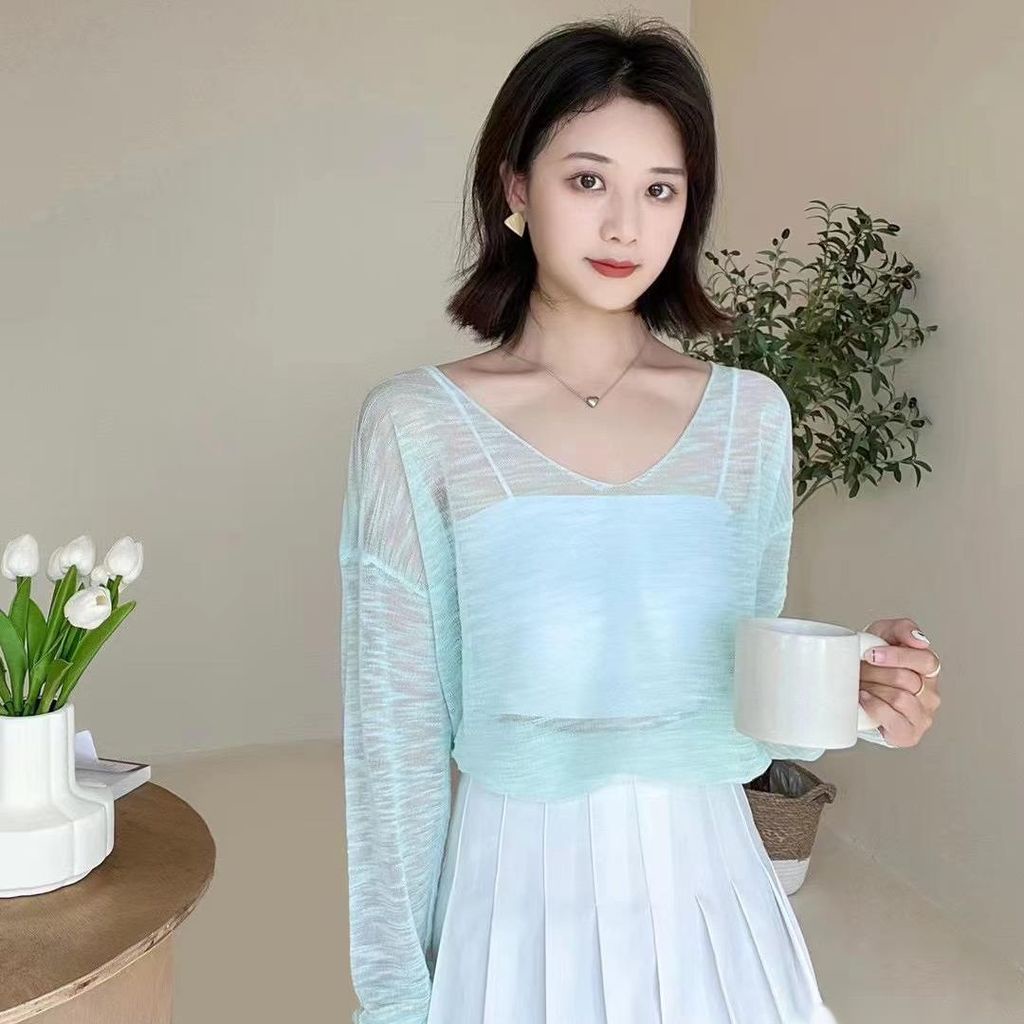 Áo Thun Tay Dài Cổ Chữ V Vải Lụa Mỏng Xuyên Thấu Thời Trang Mùa Hè Cho Nữ