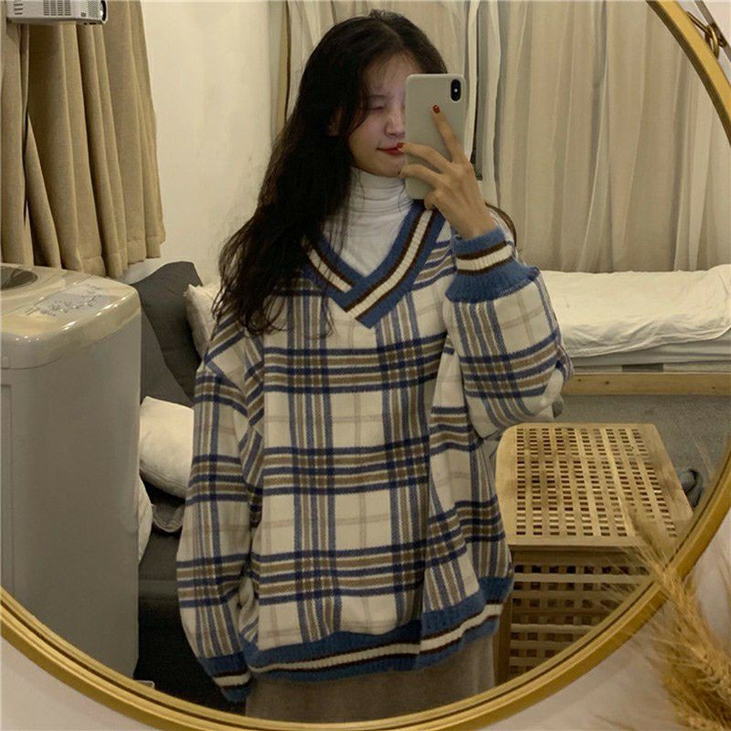 (Có sẵn) Áo len mùa thu Hàn Quốc áo kẻ sọc dài tay dáng rộng ulzzang