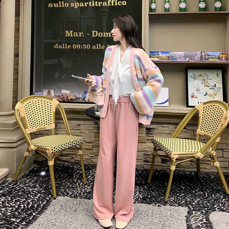 Hàng Sẵn_ Áo khoác len sọc cầu vồng dệt kim phong cách Hàn Hadu shop