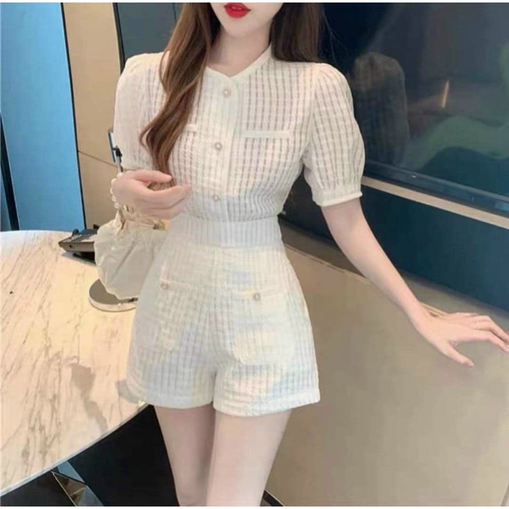Sét bộ Đi Chơi 2 Món Áo tay Phồng Phối Viền Kết Hợp Quần Đùi Ngắn Vải Xô Mặc Đẹp Dáng Xinh NEW UNISEX