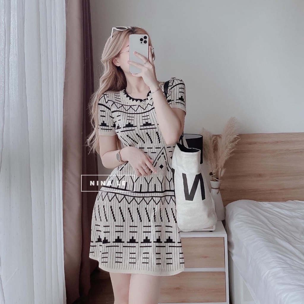 Đầm len họa tiết thổ cẩm, váy len thổ cẩm cho nữ