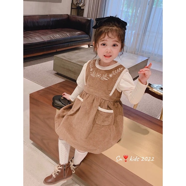 Váy nhung tăm kèm áo tay bồng phong cách vintage tiểu thư dễ thương cho bé gái