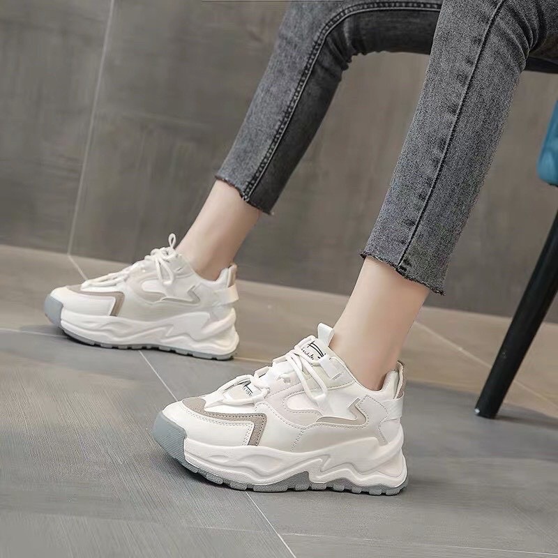 GIÀY THỂ THAO ĐẾ CAO VIỀN PHỐI 2 MÀU XÁM KEM