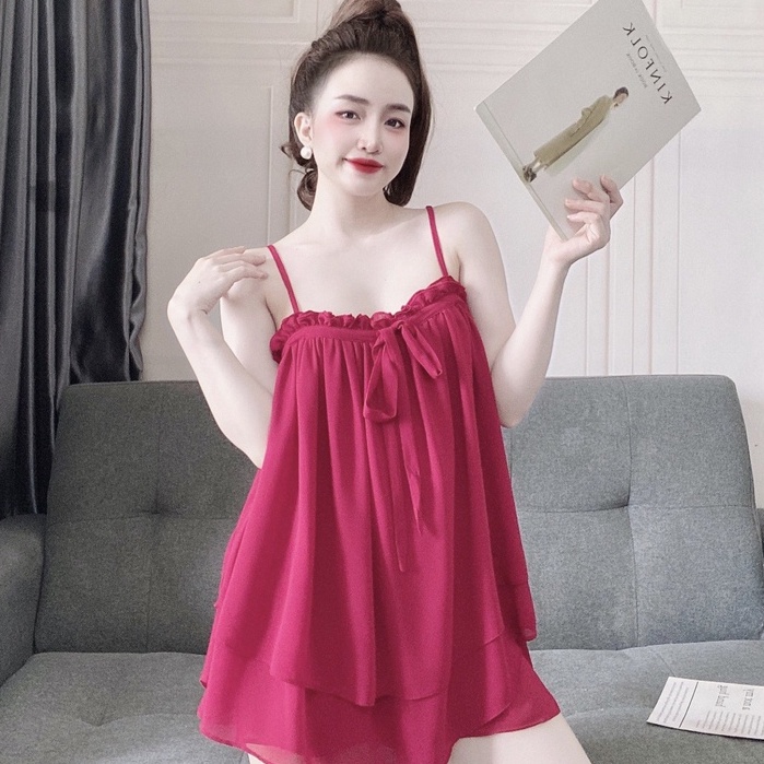Set Đồ Ngủ Nữ - Bộ 2 Dây Phối Ren Voan Quần Đùi Lụa Thời Trang Sexy, Gợi Cảm