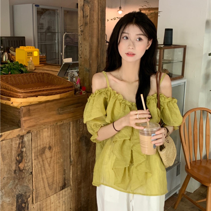 Áo Kiểu Trễ Vai Tay Ngắn Phối Bèo Thời Trang Mùa Hè Xinh Xắn Cho Nữ