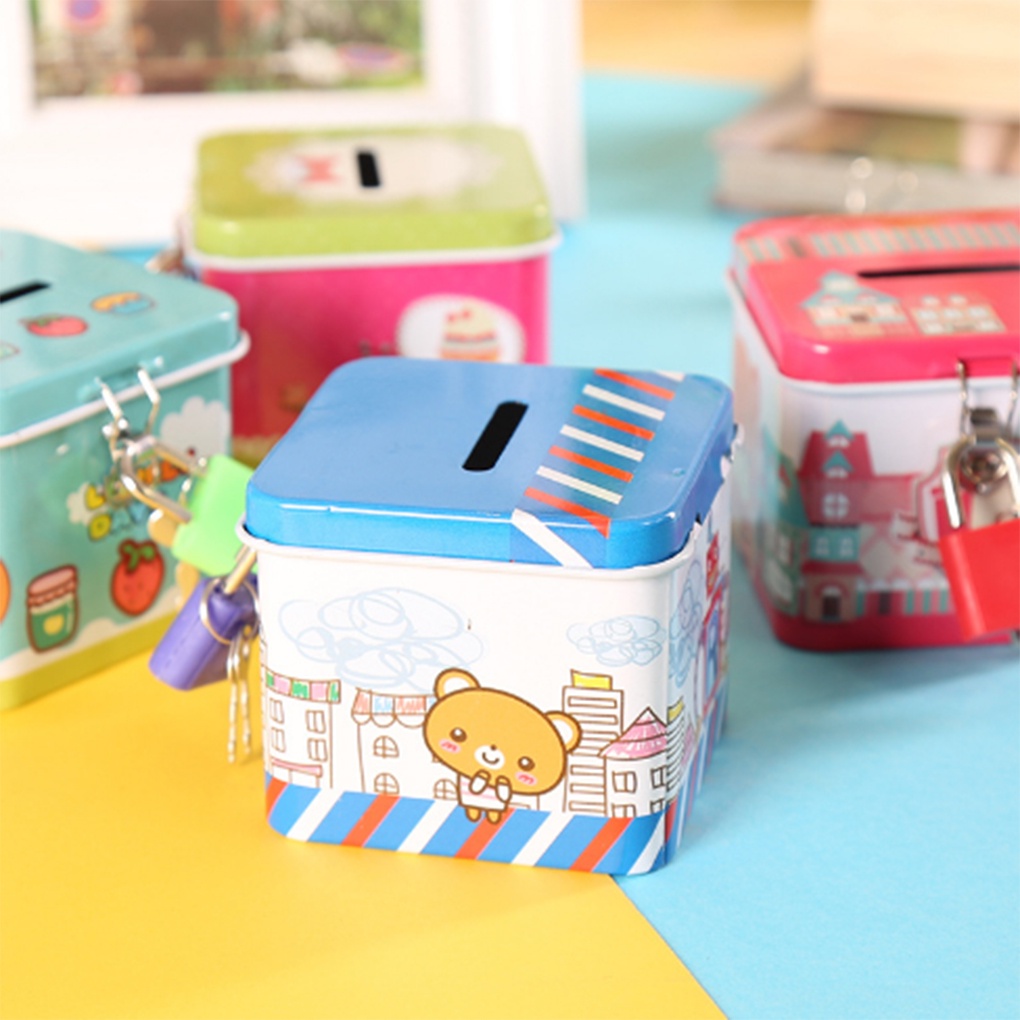 Cartoon Cute Square Tin Metal Piggy Bank Saving Cash Coin Money Box Children Toy Kids Gifts Random Color【Huiteni】