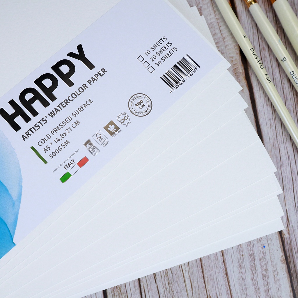 Giấy Vẽ Màu Nước HAPPY 300gsm A6/A5/A4/A3 Xuất Xứ Thuỵ Sỹ
