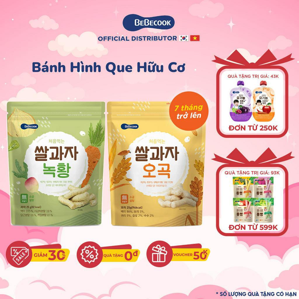 Bánh gạo ăn dặm cho bé 7 tháng BeBecook dạng que nhiều hương vị giúp trẻ bổ sung chất xơ dễ cầm nắm khi tập ăn 25gr/gói