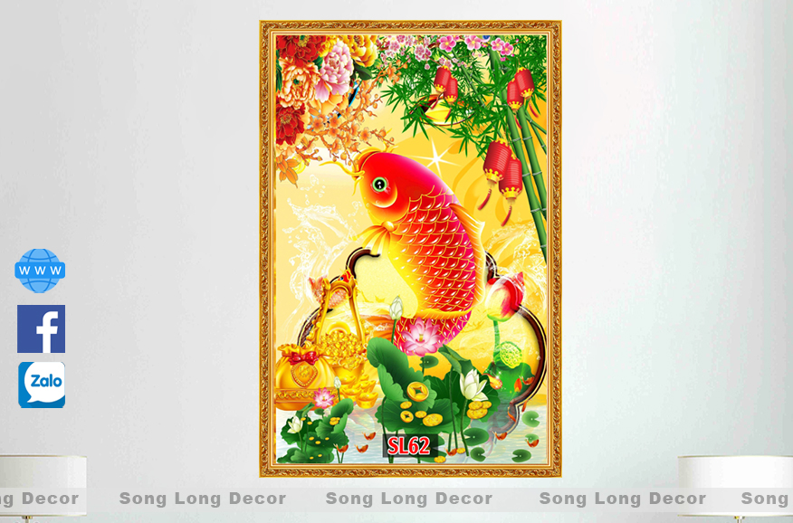 Tranh dán tường 3D Cá Chép Hóa Rồng -SL62- Tranh 3D Phòng Bếp- Song Long Decor