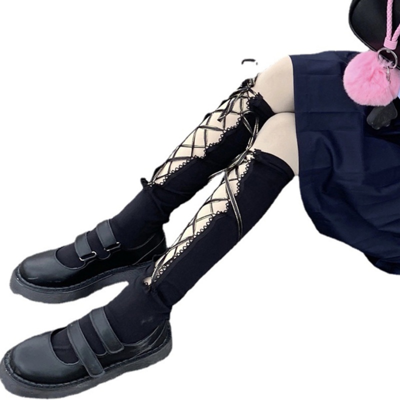 Vớ làm từ cotton thiết kế cổ cao phối dây đan chéo phong cách lolita thời trang dành cho nữ