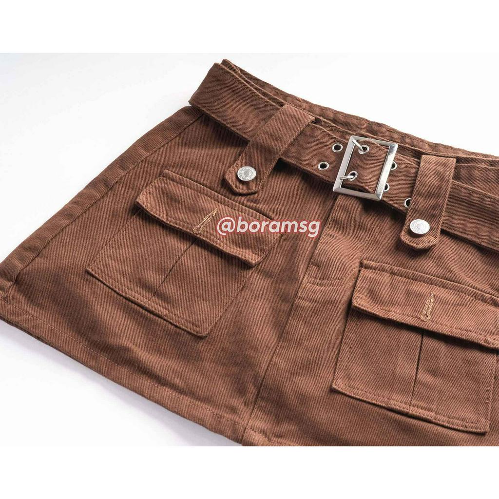 Chân váy túi hộp, chân váy chữ a ngắn kaki jean thắt lưng bản to và khuy cách điệu BORAM SG
