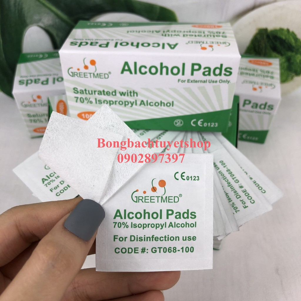 Bông tẩm cồn Greetmeed (Hộp 100 miếng) – Alcohol Pads - Bông tẩm cồn làm sạch da trước khi tiêm, lau điện thoại, lau tay