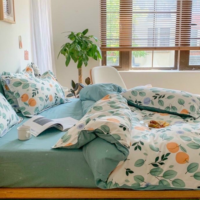 Bộ vỏ chăn ga gối cotton poly. Mẫu cam xanh