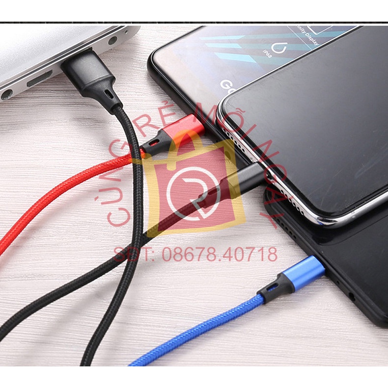Cáp dữ liệu 3 đầu sạc nhanh 3A , 3 trong 1 cho iPhone, Android, Type-C dài 1,2 mét
