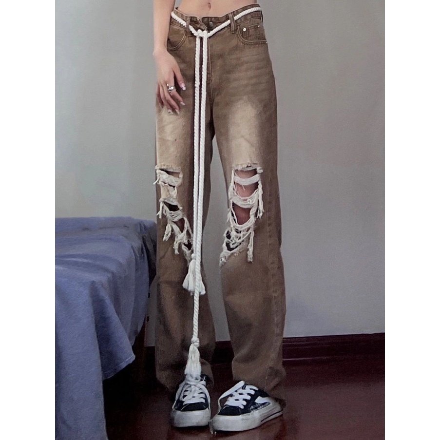 Jiashucheng Quần Jean Nữ Lưng Cao Dáng Rộng Rách Gối Cá Tính