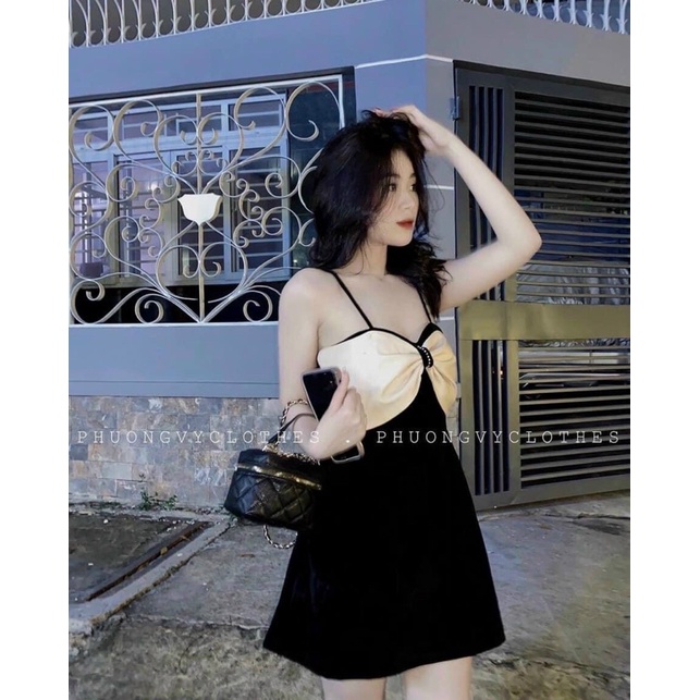 ĐẦM 2S ĐEN PHỐI NUDE NƠ NGỰC ĐÍNH NGỌC