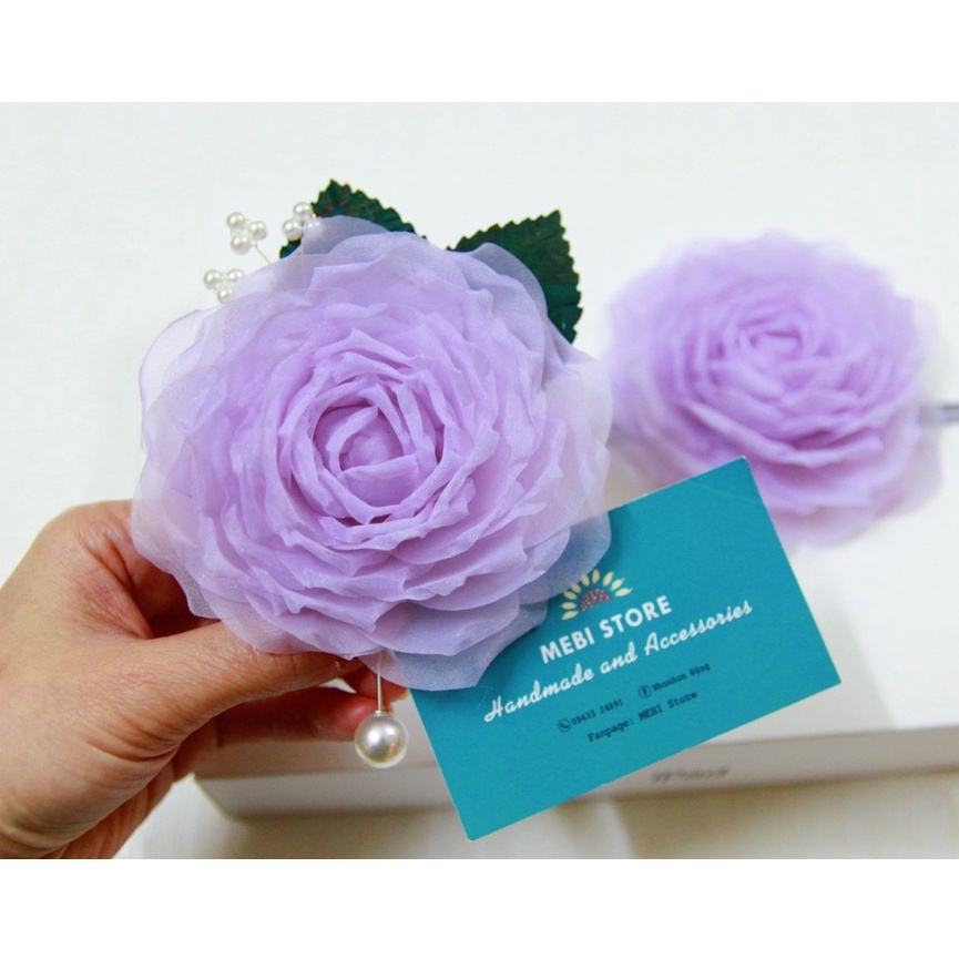 (Ảnh thật) Hoa cài áo handmade màu tím mix cành trai chùm và lá ép nhiệt size lớn NOBOX