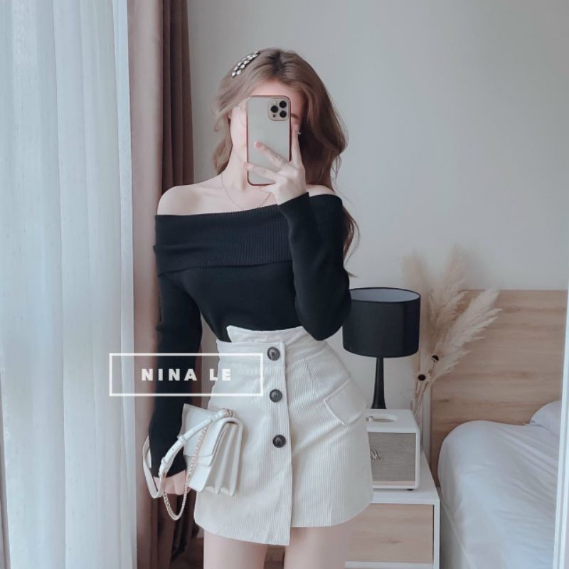 SET ÁO BỆT VAI KÈM CHÂN VÁY NHUNG ( hàng có sẵn )  ALOHASHOP91