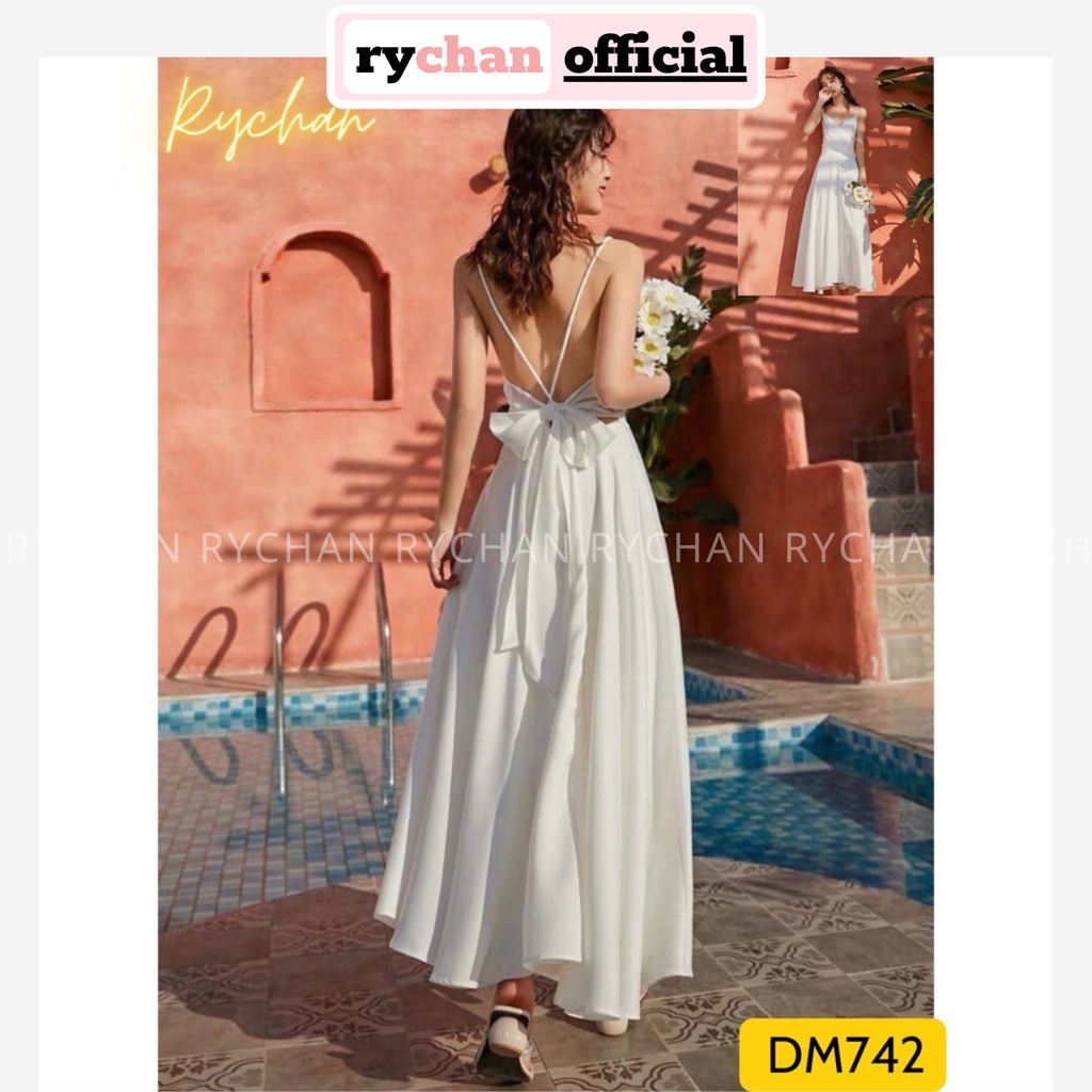 Đầm Maxi Trắng Đi Biển  Hai Dây Hở Lưng DM742