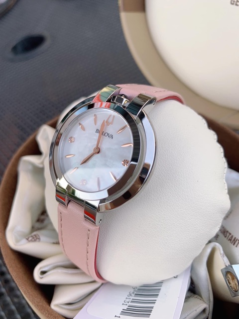 Đồng hồ nữ Bulova Diamond Accent Pink Leather Strap 96P197 máy Quartz kính Sapphire 35mm mặt xà cừ đính kim cương