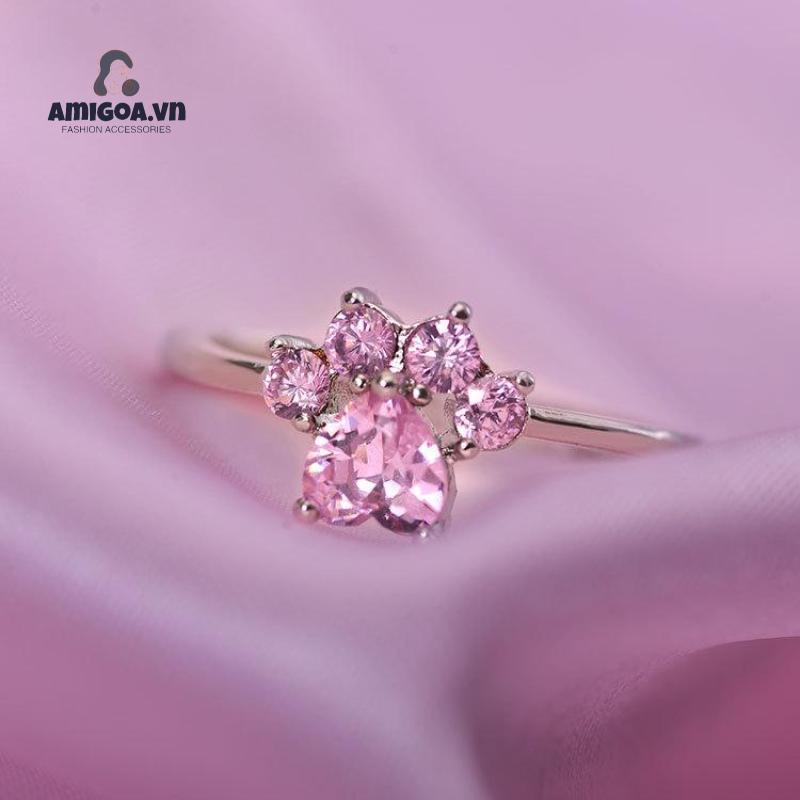 Nhẫn Mạ Bạc Hình Chân Mèo Đính Đá zircon Dễ Thương Có Thể Điều Chỉnh