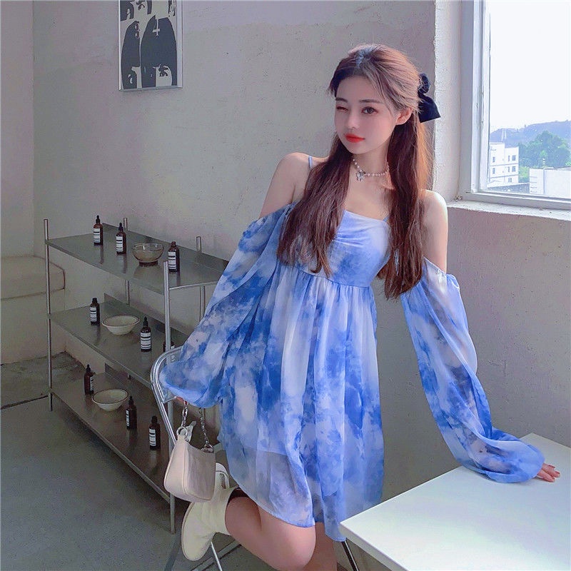 Đầm Tay Phồng Dài Phối Màu Nhuộm Thời Trang Mùa Hè Cho Nữ