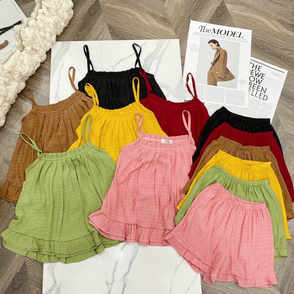 Bộ 2 dây nữ mặc ở nhà chất đũi nhăn thời thượng mát lạnh ngày hè B335 Nội Y Xanh hàng đẹp trendy