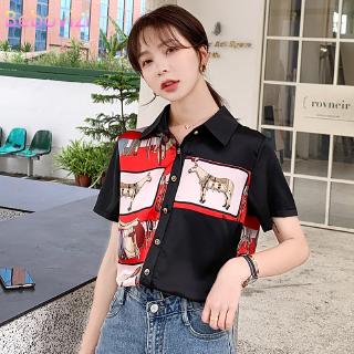 New 2020 Summer Black Red Print Fashion Korean Style Loose Short Sleeves Casual OL Office  Shirts Top for Women