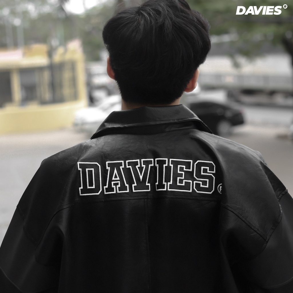 Áo khoác bóng chày da thêu logo Davies màu đen BMG Leather Varsity Jacket |D22-AK4