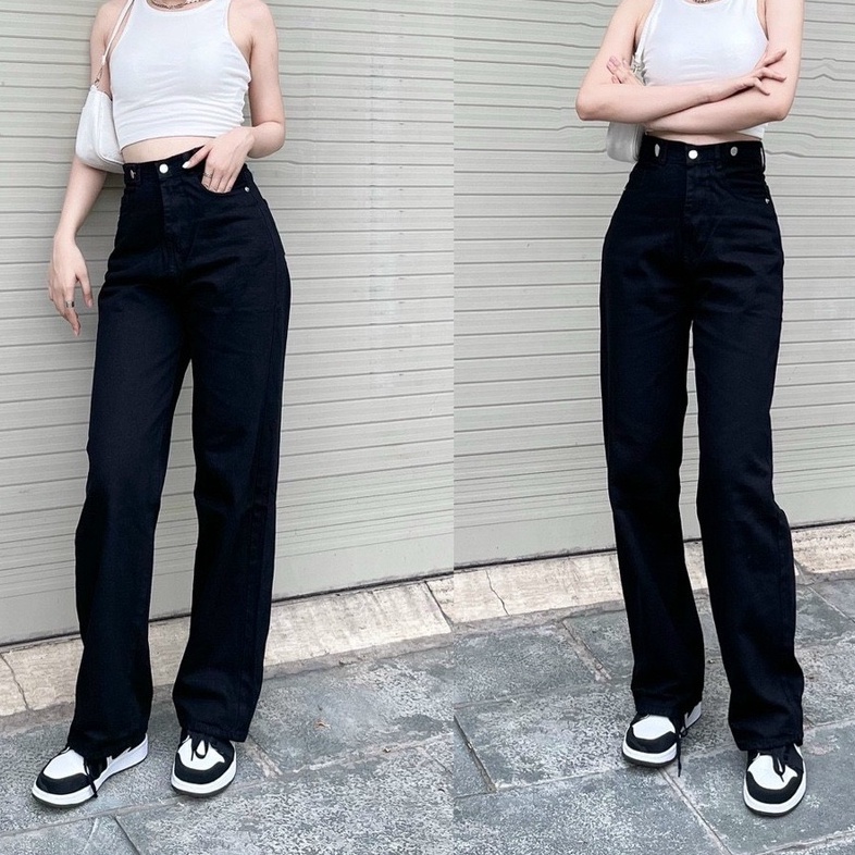 Quần Jean Nữ Ống Suông Lưng Siêu Cao Màu Đen Xanh Cạp Nút | BigBuy360 - bigbuy360.vn