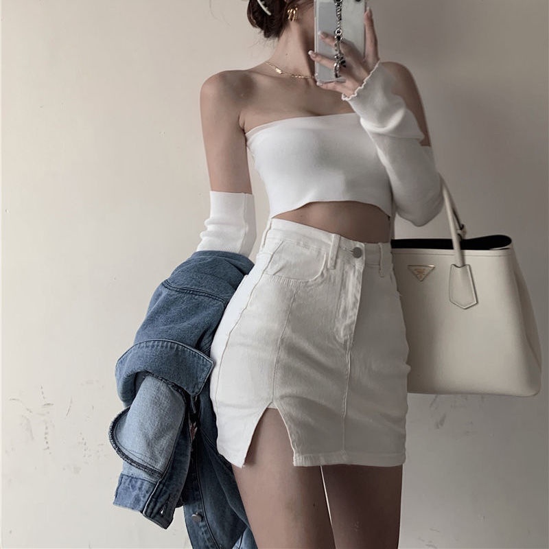 Jiashucheng Chân Váy Denim Ngắn Dáng Chữ A Xẻ Tà Co Giãn Phong Cách Mới 2022