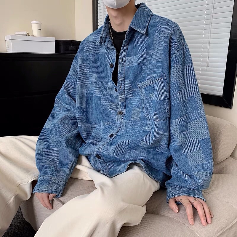 Áo sơ mi bò jeans mosaic phối màu đậm nhạt Ulzzang form rộng oversize hiphop siêu chất ❤️