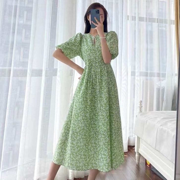 Đầm Dáng Chữ a Cổ Tròn Tay Phồng Đính Hạt Thời Trang Mùa Hè Phong Cách Hàn Quốc Mới