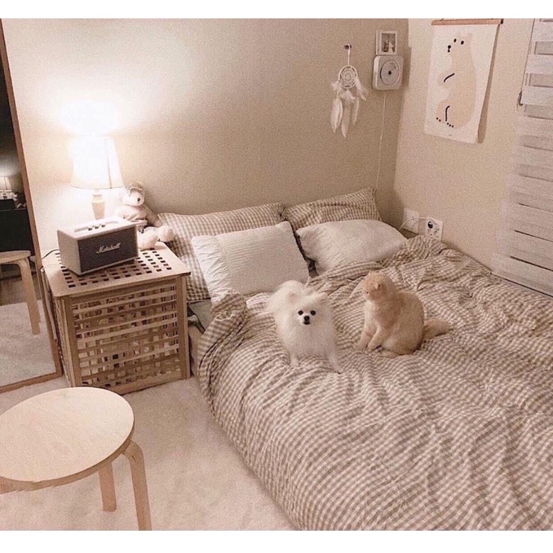 Bộ chăn ga Poly màu caro nâu siêu hot,ga trải giường trang trí phòng ngủ, decore cực xinh