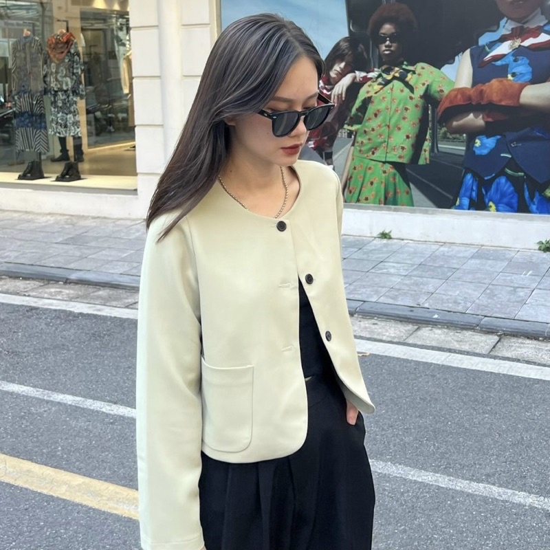 Áo khoác blazer nữ 1 lớp dáng ngắn tay dài cổ tròn hàng thiết kế Huien Design công sở, áo vest nữ blazer Hàn Quốc