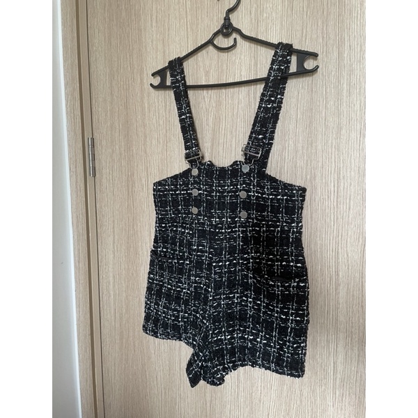 Quần yếm vải tweed lưng cao