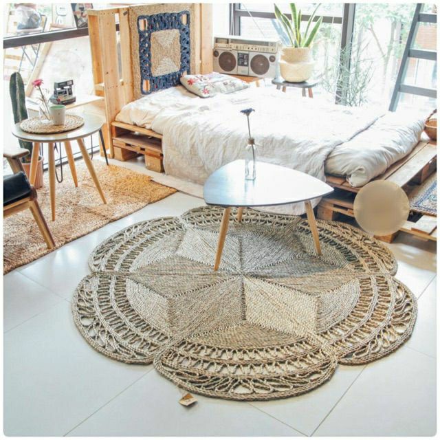 Thảm cói, thảm tròn decor trải sàn chụp ảnh hàng xuất khẩu HUNGPHUC size 1m
