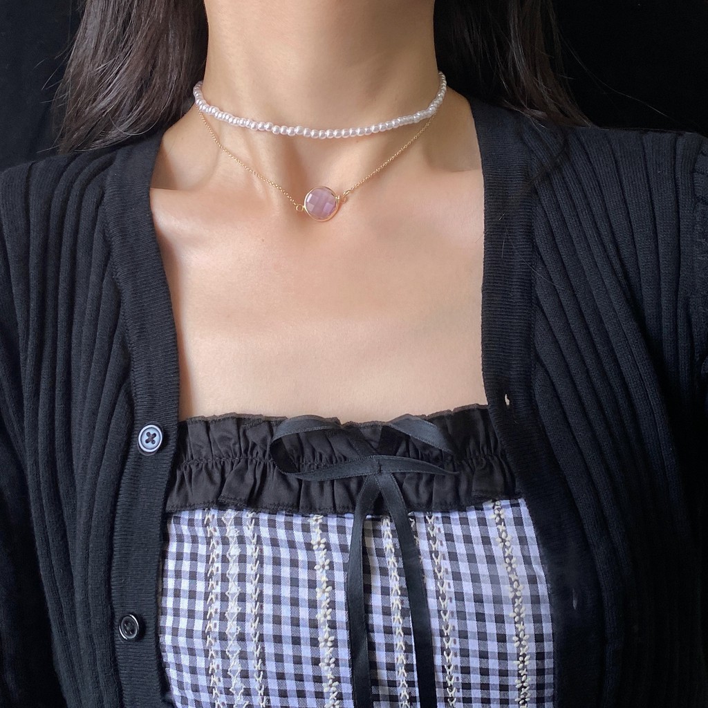 Vòng Cổ Choker Màu Đen Đính Hạt Ngọc Trai 12h Phong Cách Pháp