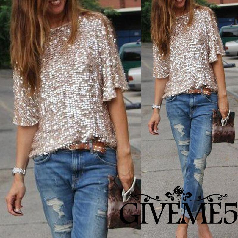 ❆❀✯Women Sequins Bling Shiny Sleeveless Top Casual Loose Off Shoulder Top