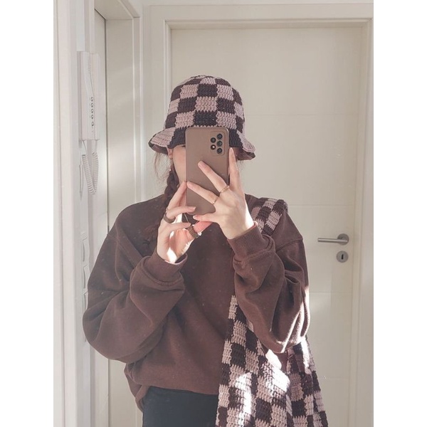 Checkered Bucket Hat Crochet, Nón sọc caro handmade bằng len Tiệm thủ công đan móc