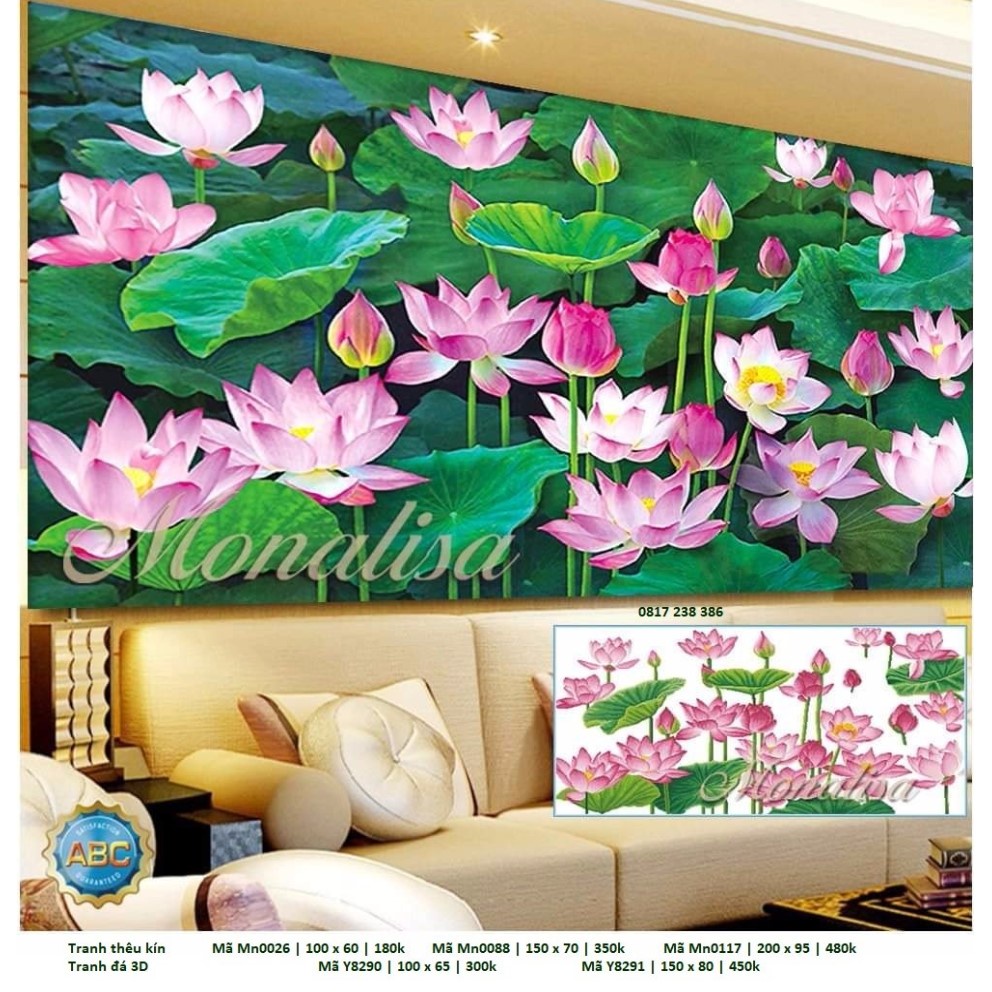 Tranh thêu chữ thập (Giá sỉ) Ao sen MN0088 150×70cm, MN0026 100X60cm, MN0117, LV3376 150x80cm; tranh đá LV553 (150x65cm)