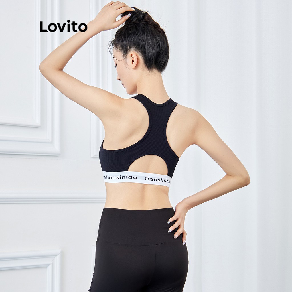 Áo ngực thể thao Lovito liền mảnh phối đệm có thể tháo rời được màu trơn tập yoga L15X188 (Màu đen)