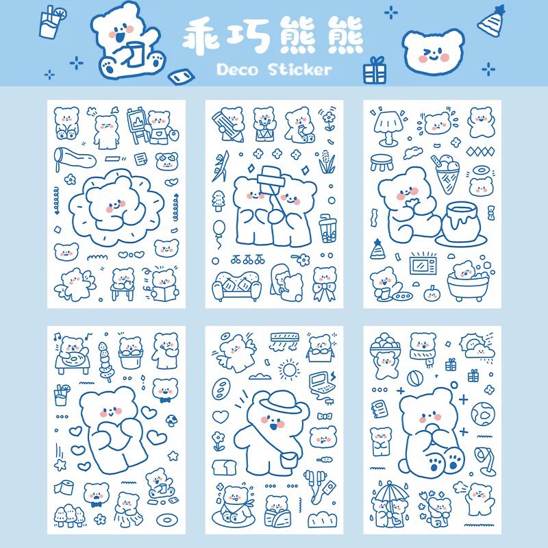 Hình dán sticker gấu siêu siêu cute vĩ 6 miếng nhiều hình khác nhau trang trí sổ tay, máy tính, laptop, góc học tập