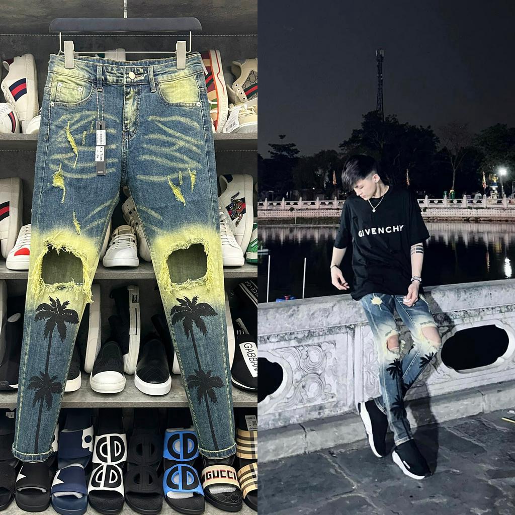 Quần jean bò nam Amiri skinny wash xanh vàng thủng gối tua viền dập hình cây dừa phong cách boy phố QJ227P