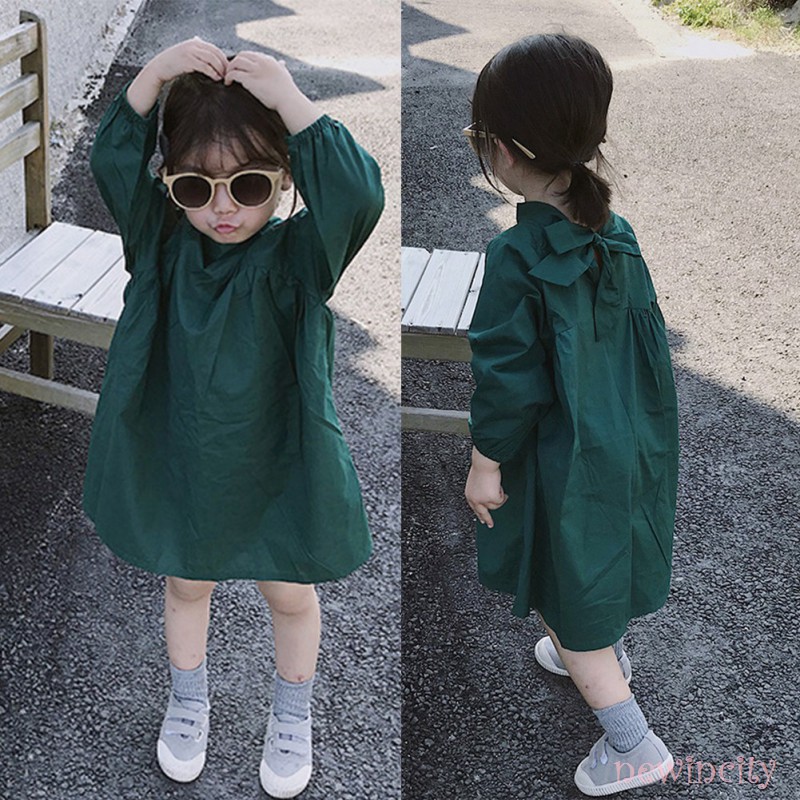 Đầm Bé Gái Tay Dài Màu Trơn