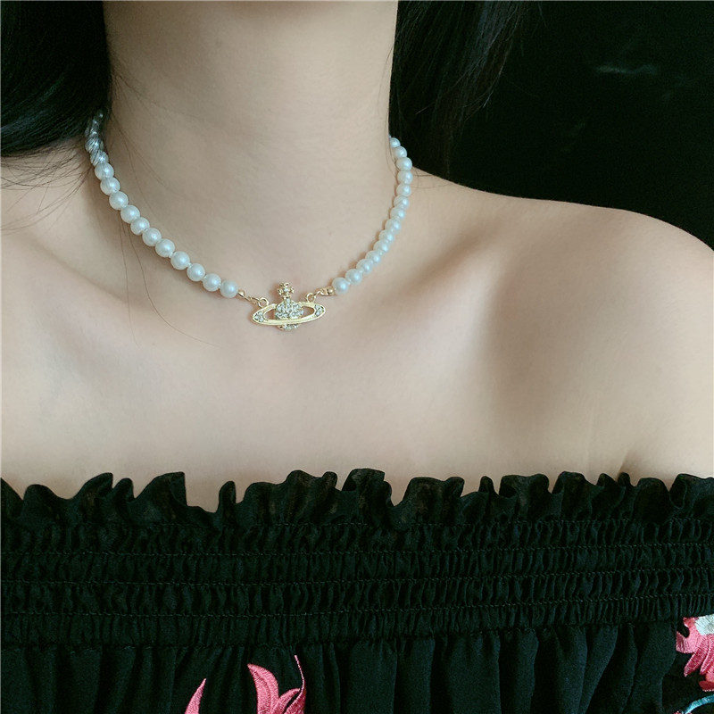 Vòng cổ dáng ngắn DUNEA dạng chuỗi ngọc trai mặt đính kim cương cổ điển thời trang